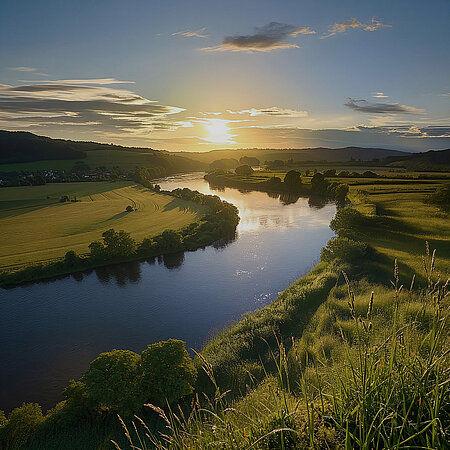 Sonnenuntergang über einer Flusslandschaft mit Feldern, Wiesen und bewaldeten Hügeln.