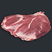 Schweinenacken mit sichtbarer Fleisch- und Fettstruktur vor dunklem Hintergrund.
