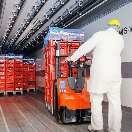 Innenaufnahme eines modernen WestCrown-Logistikbereichs mit gestapelten roten Transportkisten, Fördertechnik und heller Beleuchtung für effiziente Warenbewegung.
