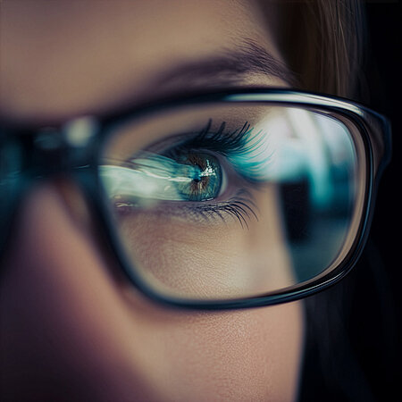 Nahaufnahme eines Auges hinter einer Brille mit Lichtreflexen auf dem Glas.